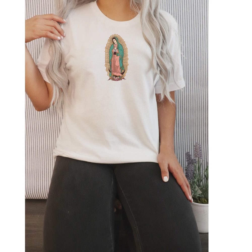 White Graphic T-Shirt with Religious Motif - Women's Top